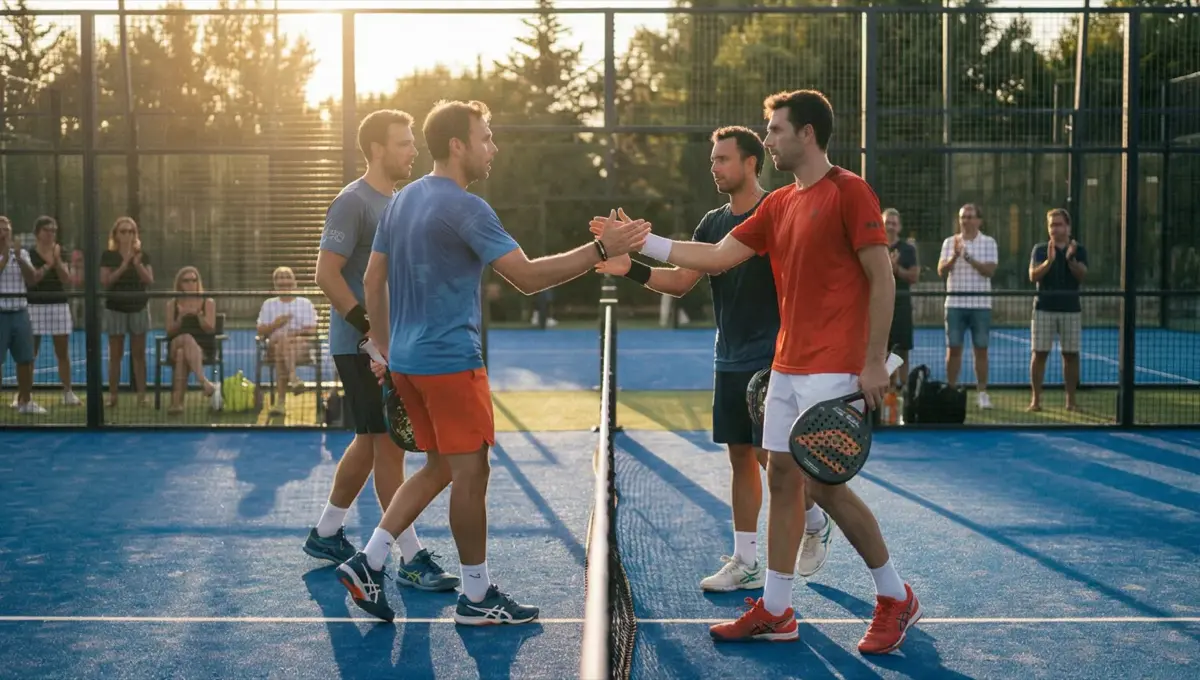 Fair play au padel — poignée de main au filet