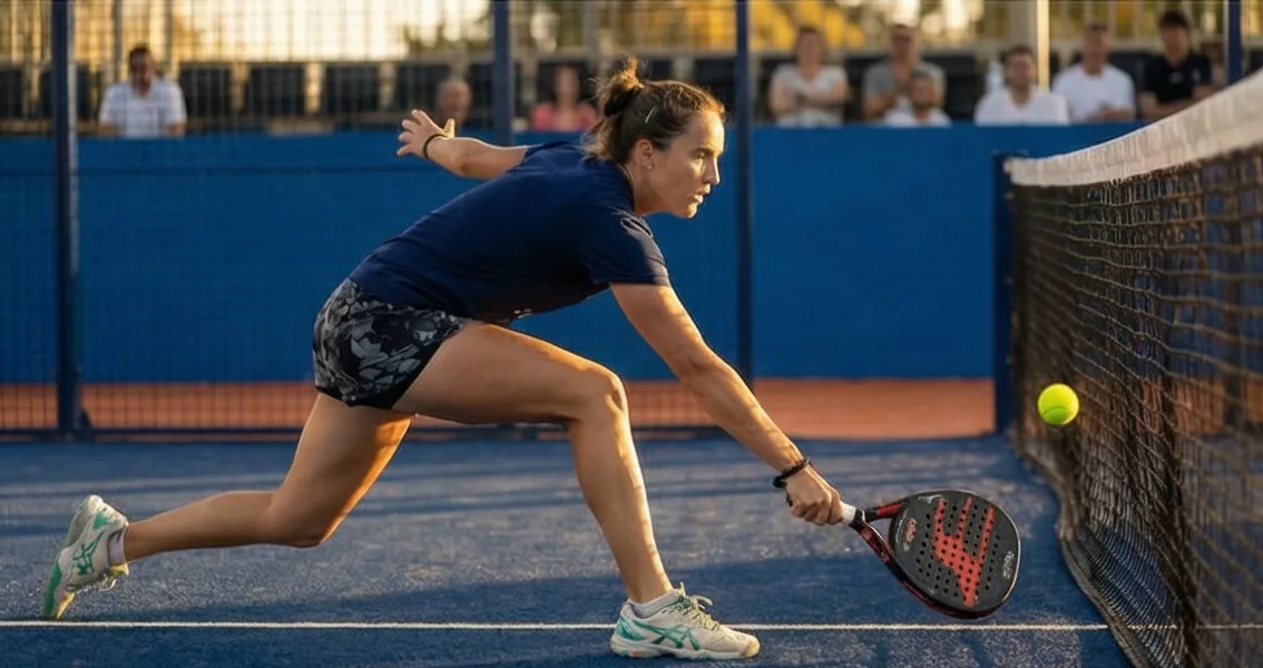 Joueuse de padel en défense au filet